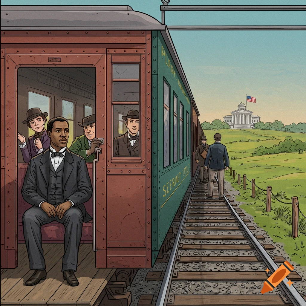 Historical illustration of a Black man seated on a segregated train with other passengers and a building in the distance.