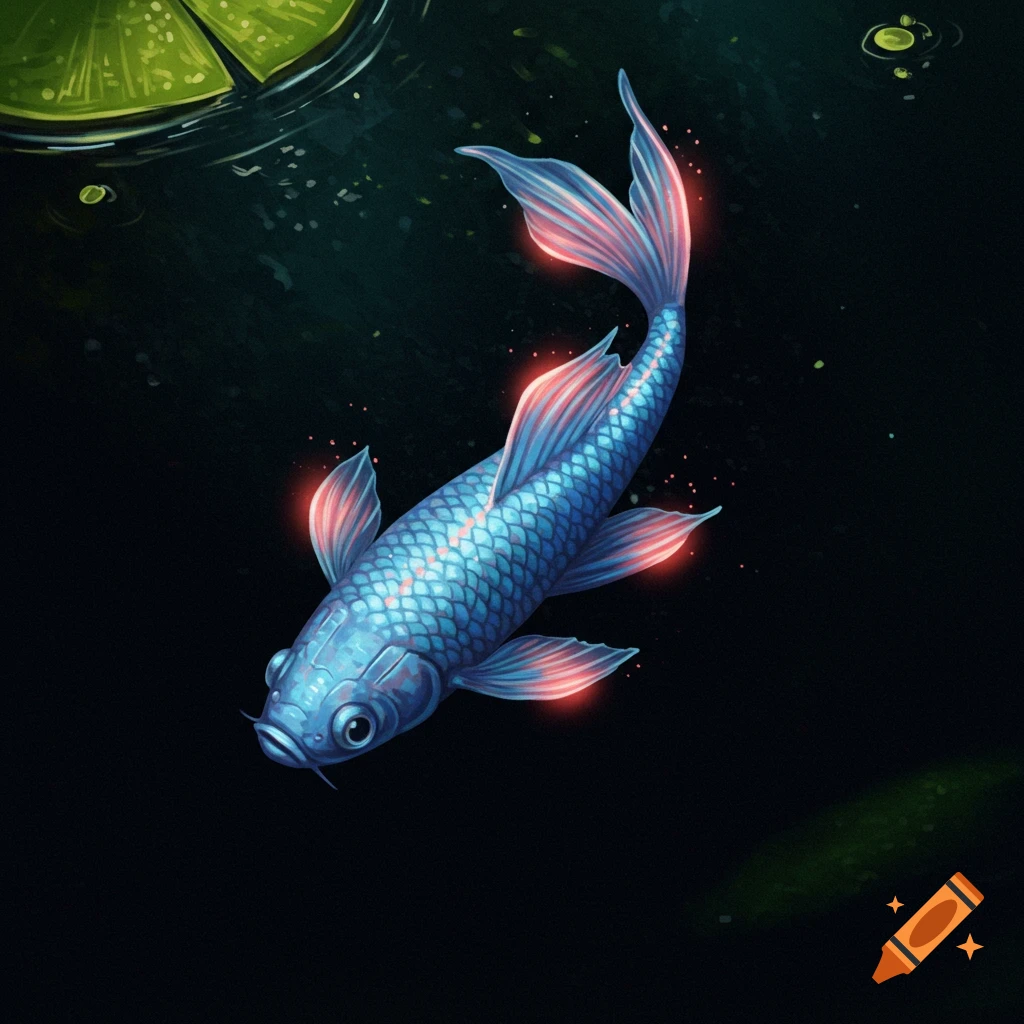 A blue fish with glowing pink fins swims in dark water near green lily pads.