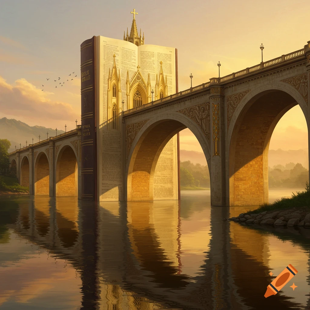 A bridge made of a Bible spans over a river at sunset with a church steeple visible in the distance.