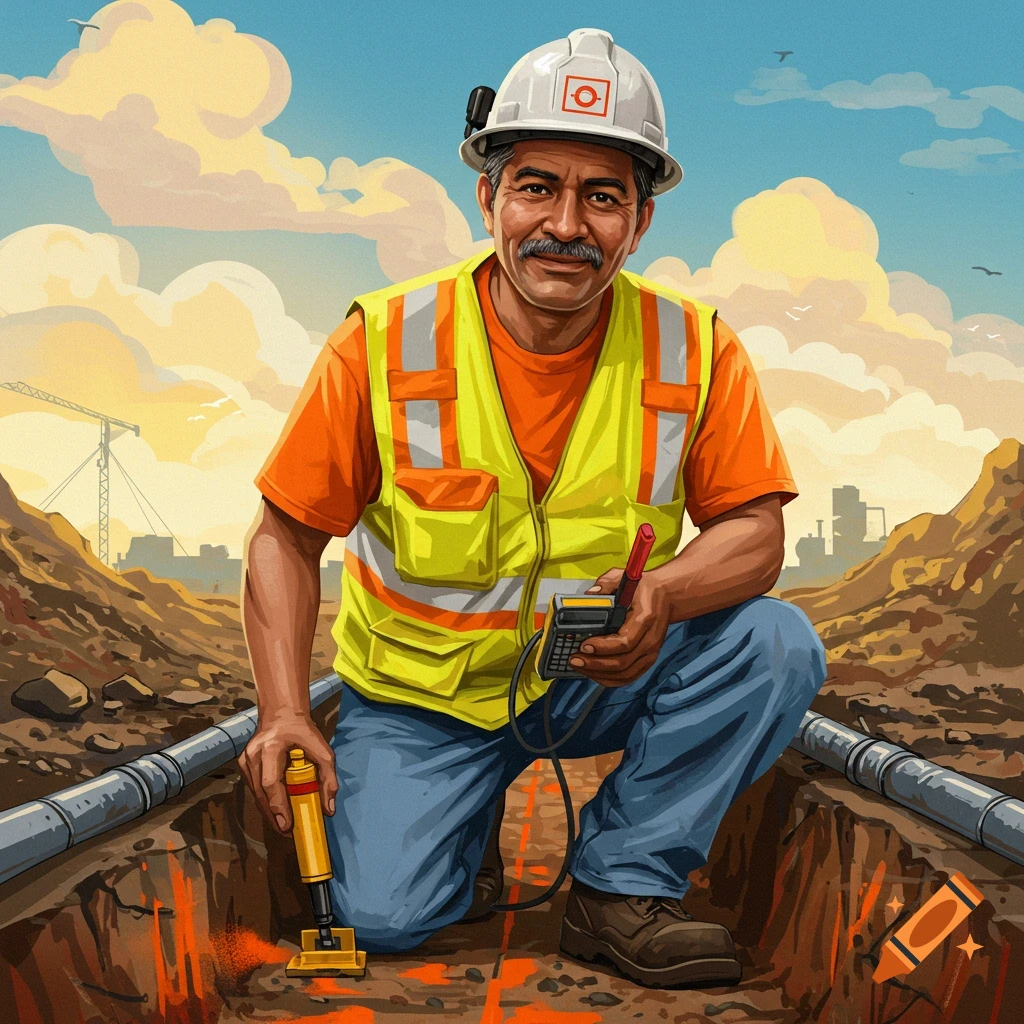 A utility locator kneels in a trench with equipment at a construction site.