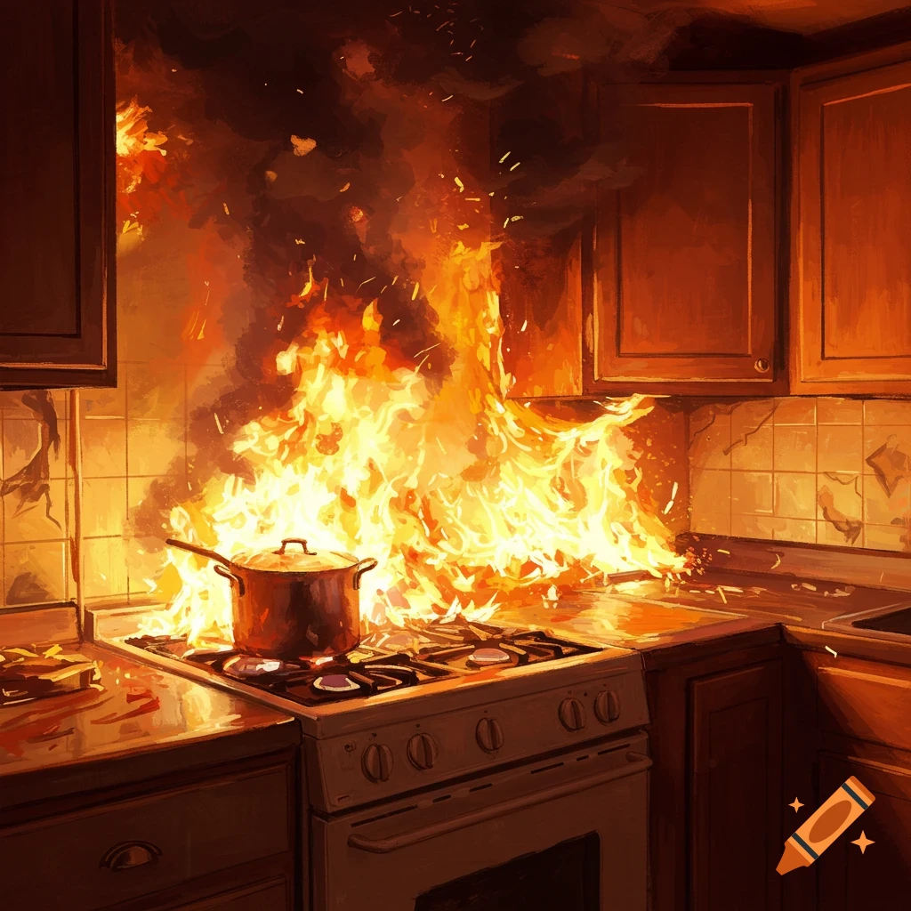 A kitchen stove and counter engulfed in flames with a pot on the burner.