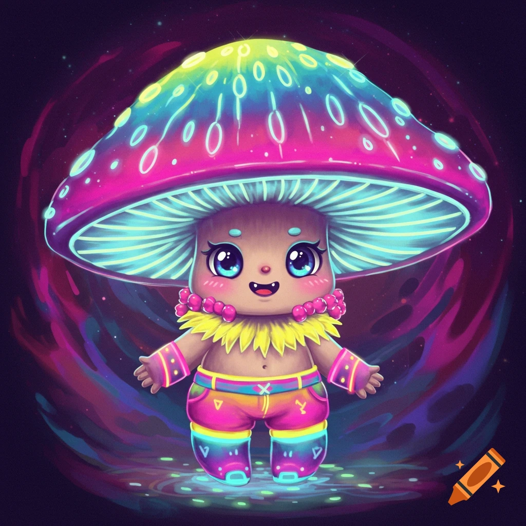 Cute mushroom character in colorful rave clothing, psychedelic.