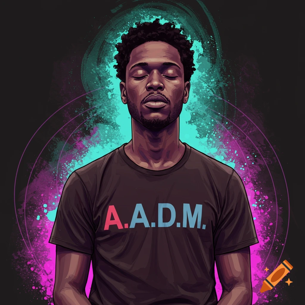 Black man meditating, wearing a shirt with A.A.D.M.