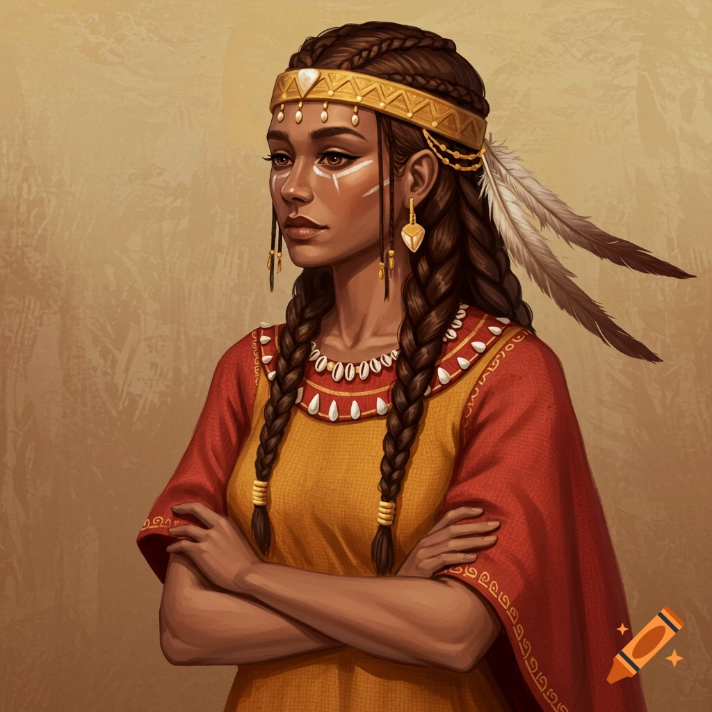 Portrait of a woman with braided hair, gold headband, feathers, and traditional attire.
