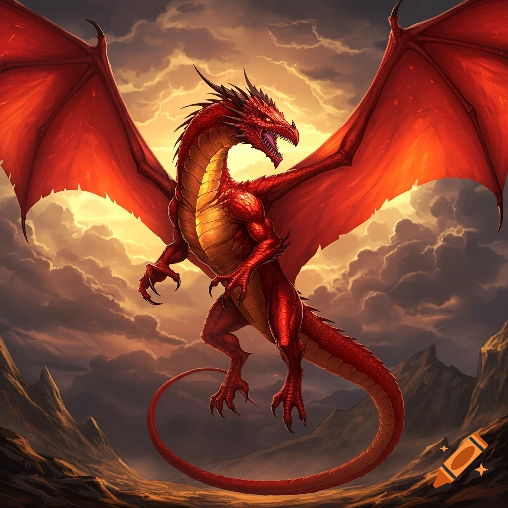 A red dragon soars over mountains at sunset