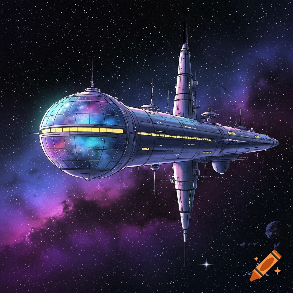 A large space hotel floats in space among colorful nebulas and stars.