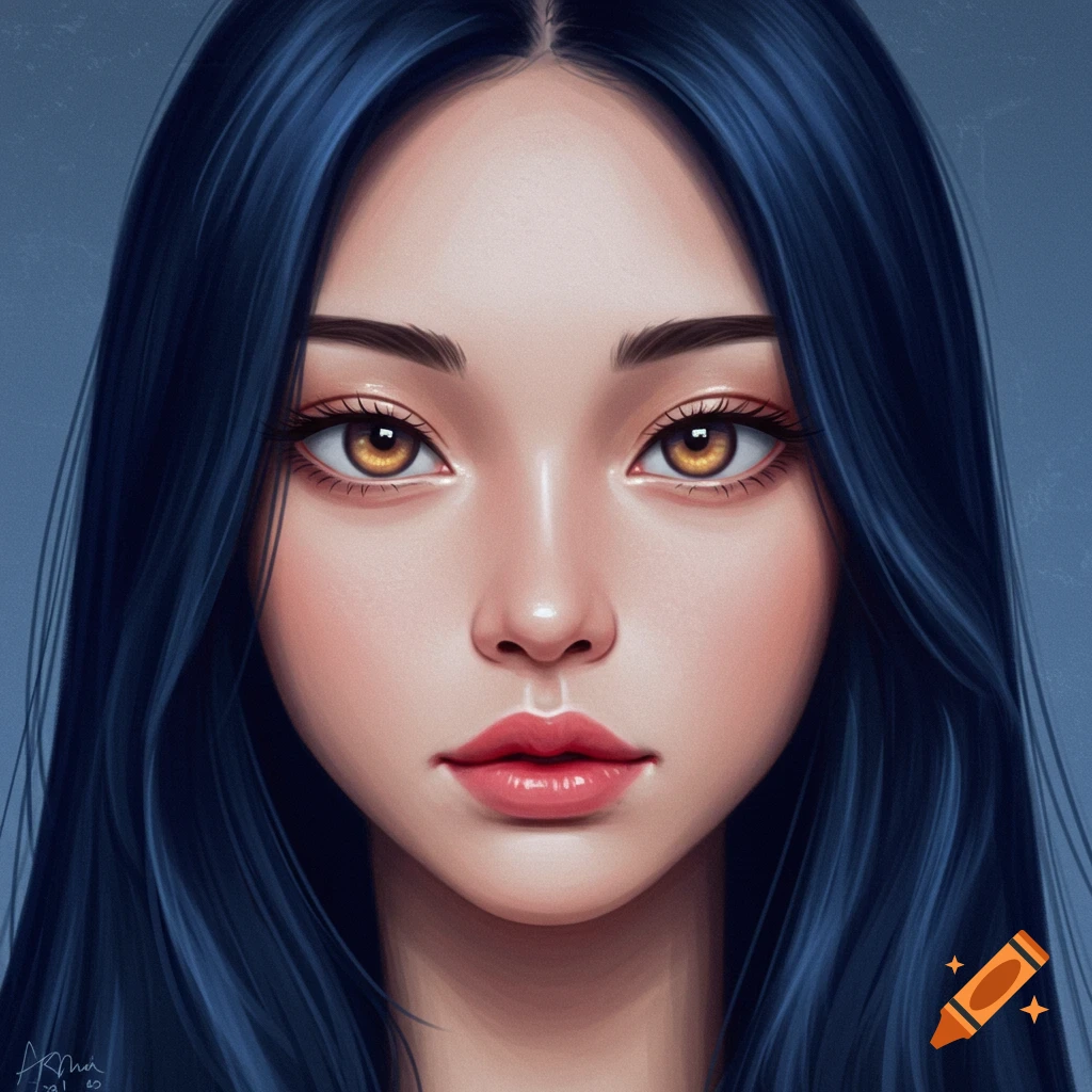 A woman with dark blue hair and amber eyes.