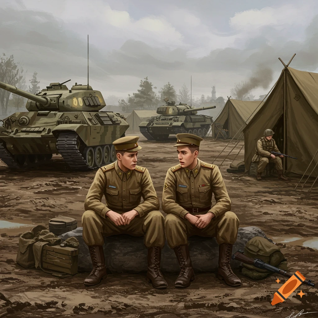 Two soldiers sitting in a military base surrounded by tanks and tents.