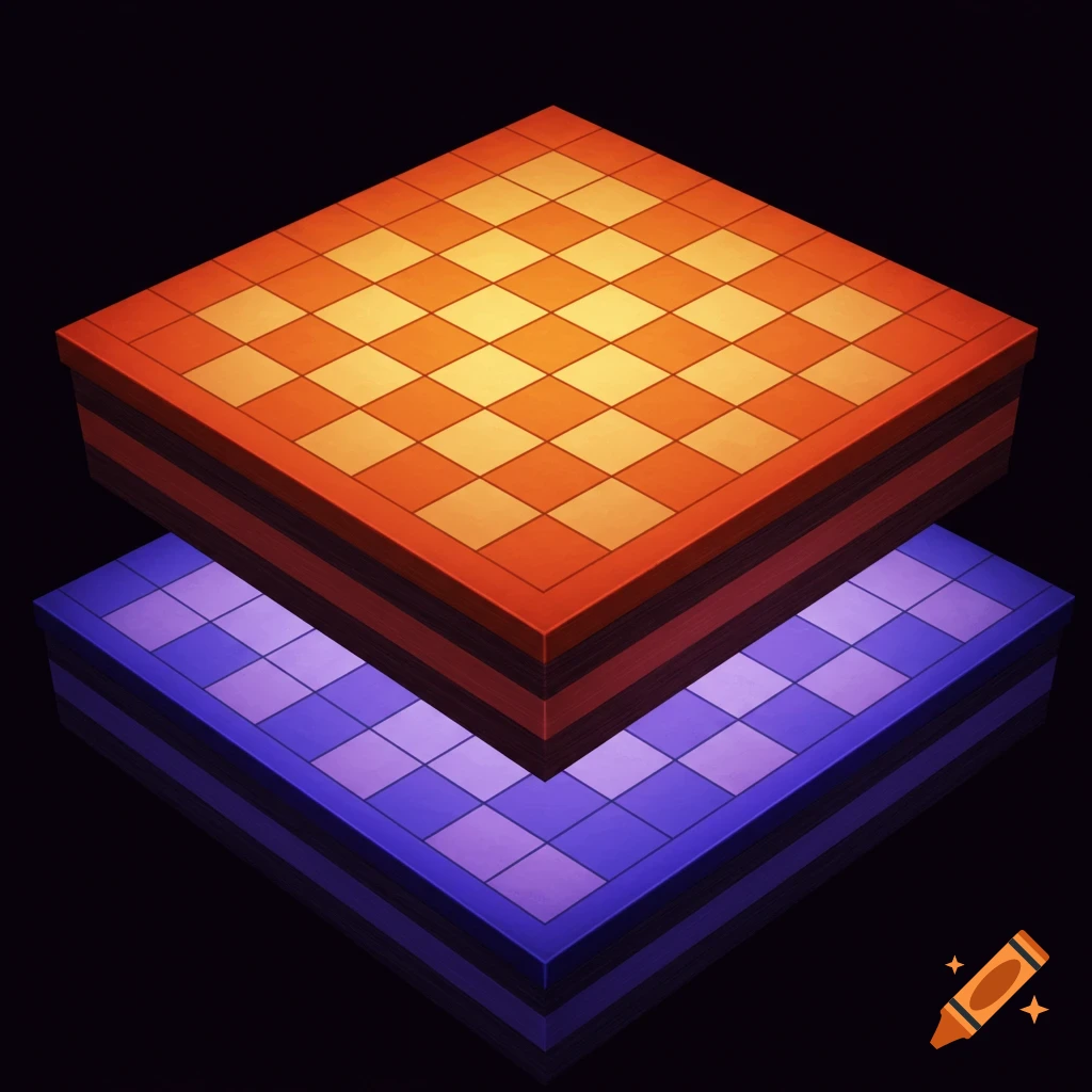 Two stacked, multi-layered checkered platforms in orange/yellow and purple/blue against black