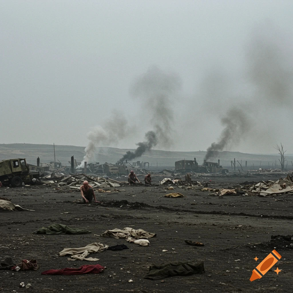 Figures sit in a desolate, destroyed landscape with burning buildings and smoke under a grey sky.