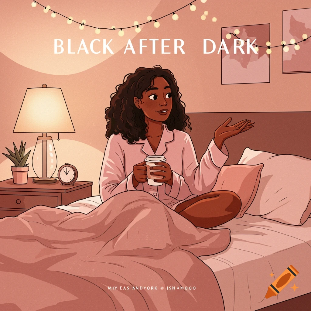 Illustration of a woman in pink pajamas sitting on a bed, holding a cup, with string lights and text above.