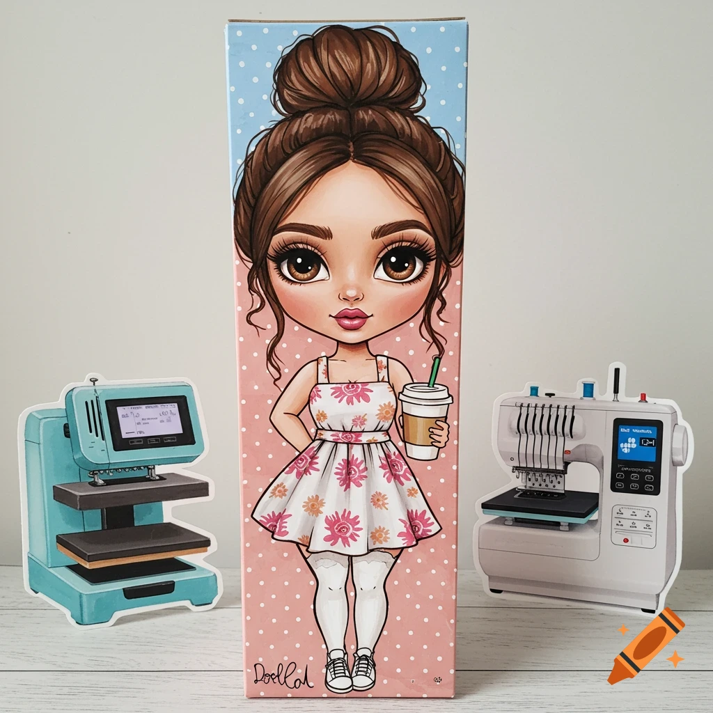 Cartoon illustration of a girl on a box, with a heat press and embroidery machine.