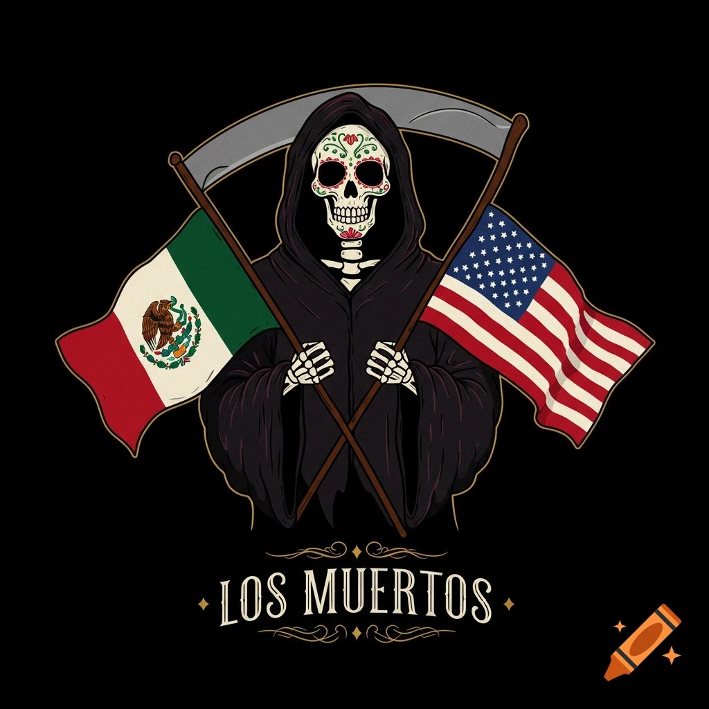 Illustration of a grim reaper holding Mexican and US flags with Los Muertos text below.