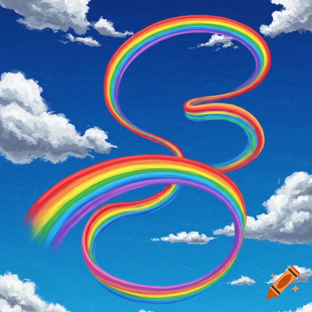 A vibrant, twisting rainbow shape in a blue sky with white clouds.