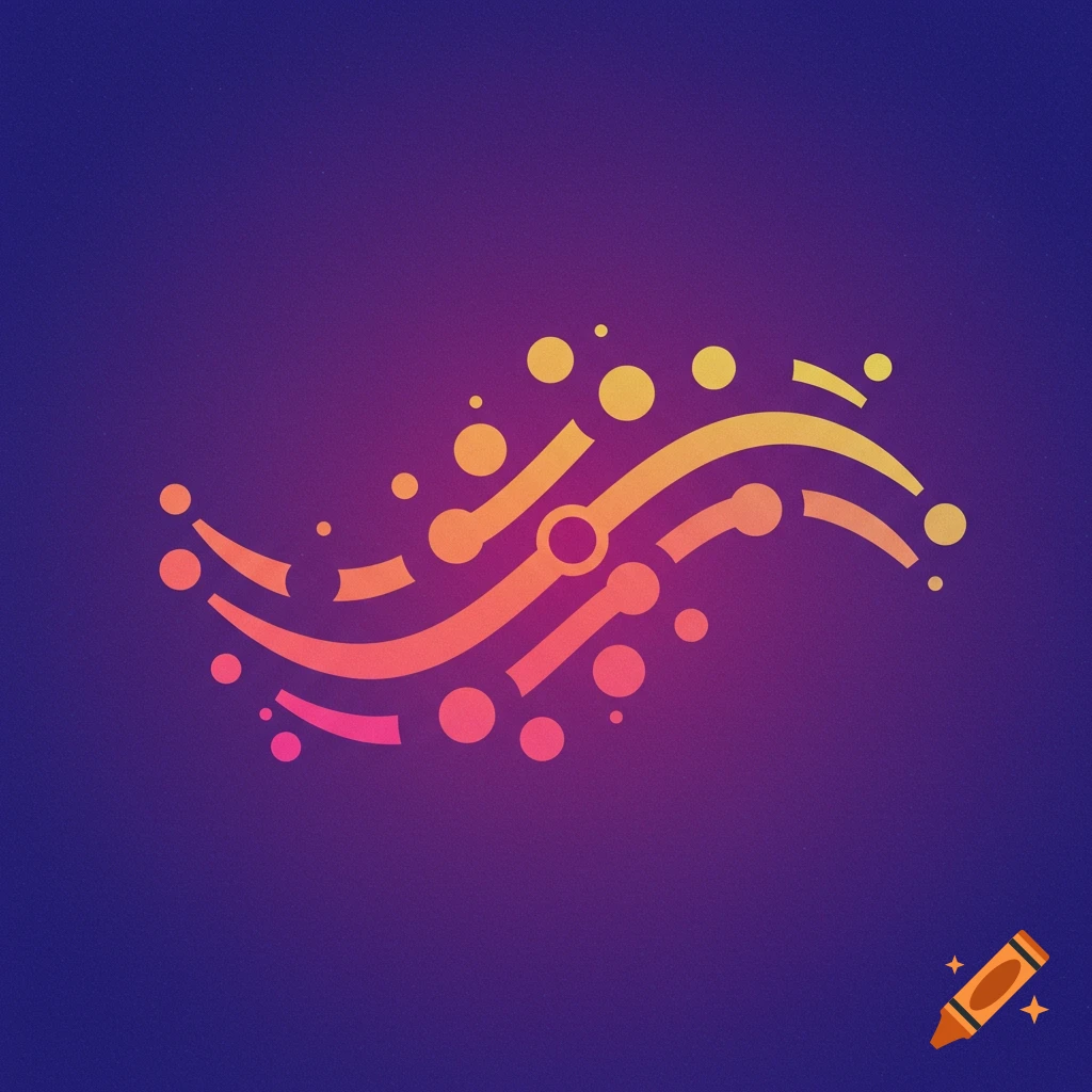 Abstract digital art logo with flowing orange lines and dots on a purple background.