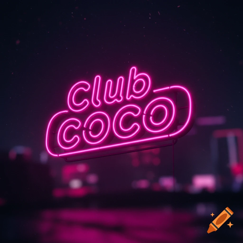 Pink neon sign 'Club Coco' against a dark city night background