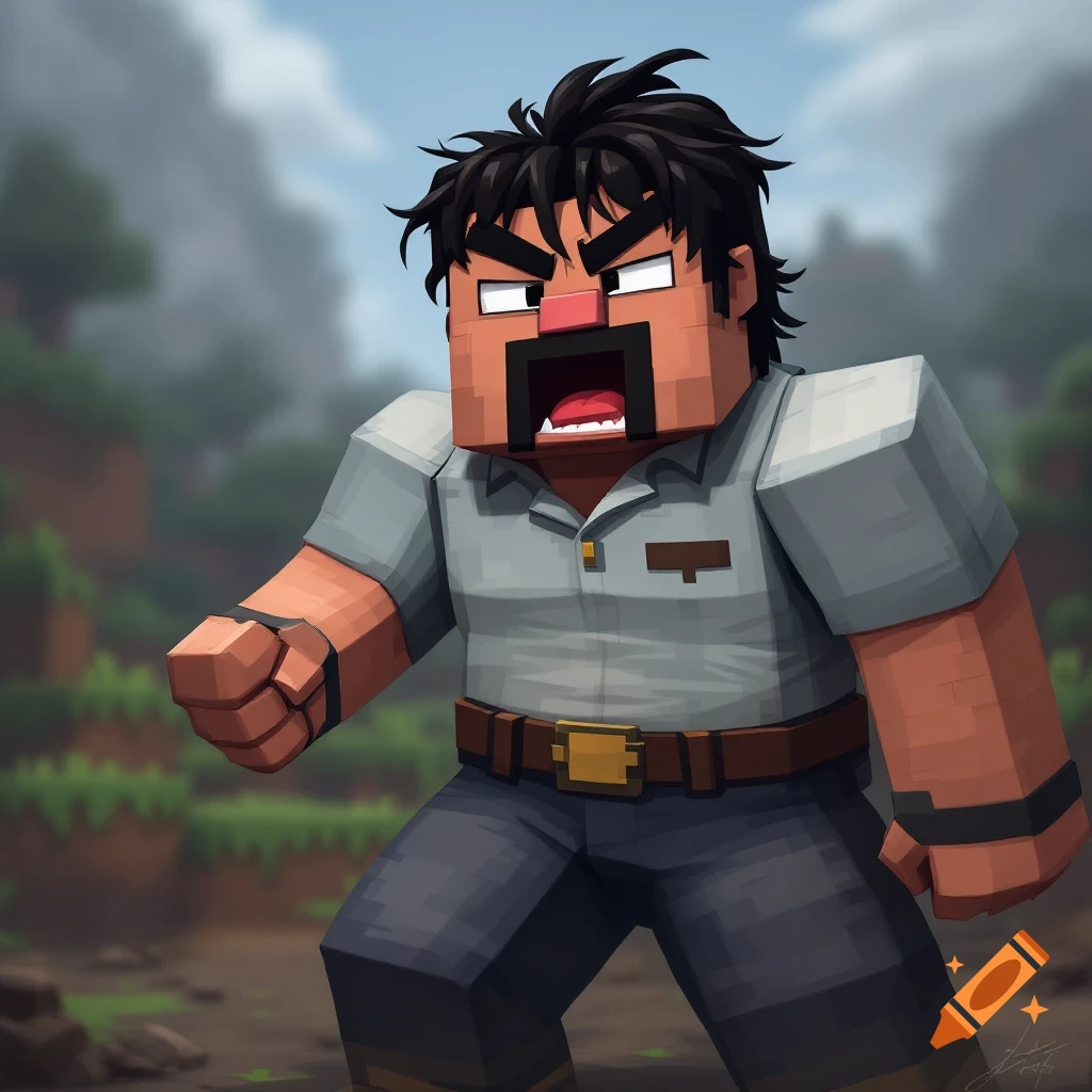 A stylized, blocky character resembling a Minecraft player, with a mustache and dark hair, shouts with an angry expression.