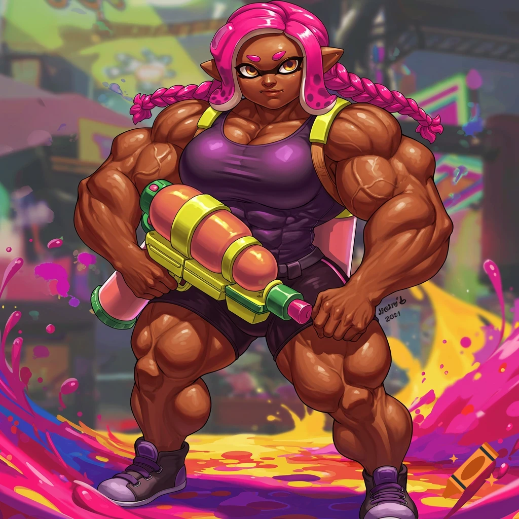 Muscular Splatoon-style character with pink braids holding a water gun in a colorful splattered environment