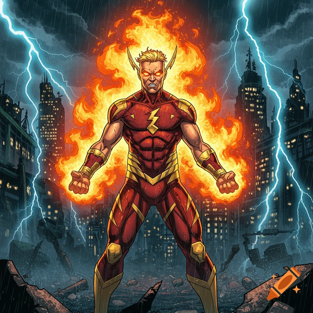 A powerful superhero surrounded by fire and lightning stands in a destroyed city, rendered in a comic book style.