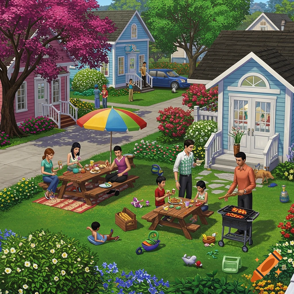 A family picnic and barbecue in a suburban yard, Sims style