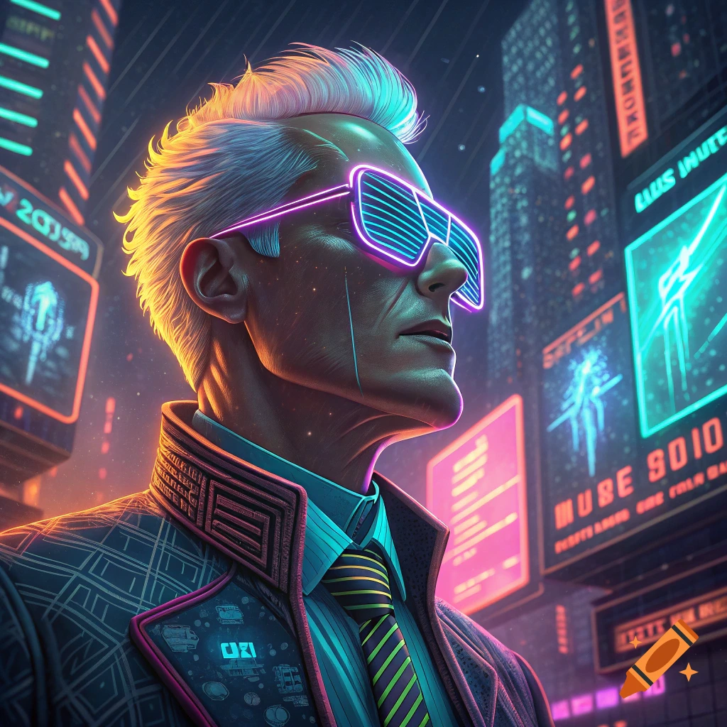 Cyberpunk portrait of a man with neon glasses and bright hair in a rainy city