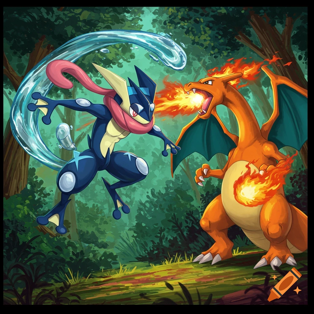 Greninja and Charizard battle in a forest clearing with water and fire attacks.