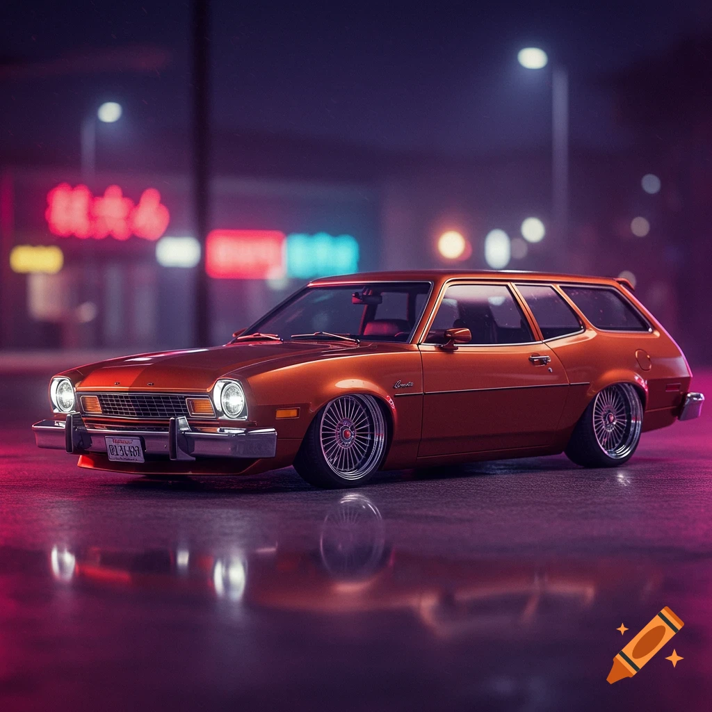 A lowered copper Ford Pinto station wagon with custom wheels parked on a wet street at night with neon lights in the background.