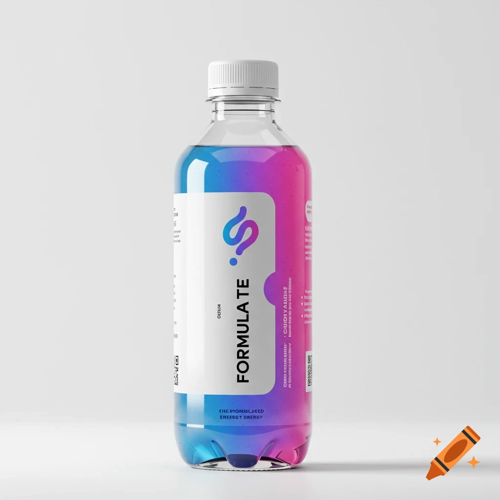 Product photo of an energy drink bottle with blue and pink gradient liquid and a label