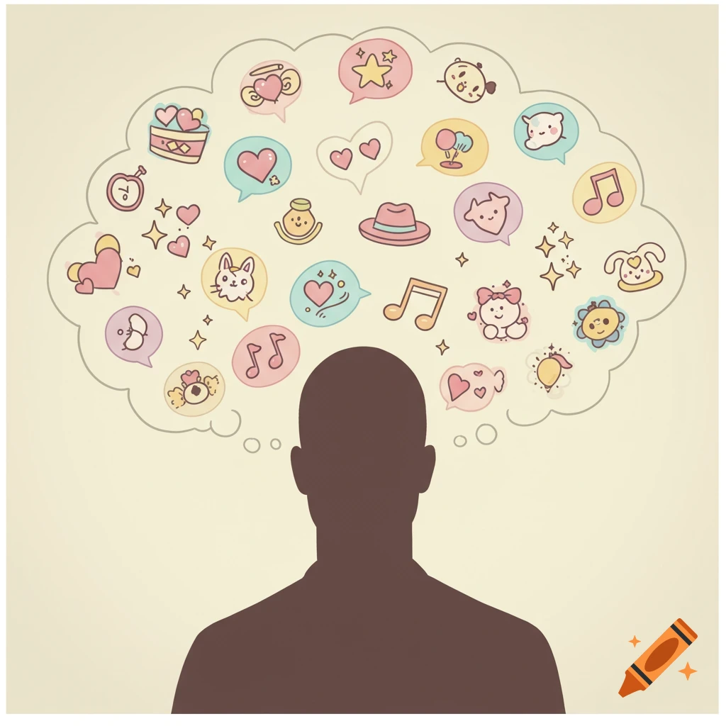 A silhouette of a person's head with a thought bubble filled with cartoon doodles of hearts, stars, musical notes, animals, and symbols.