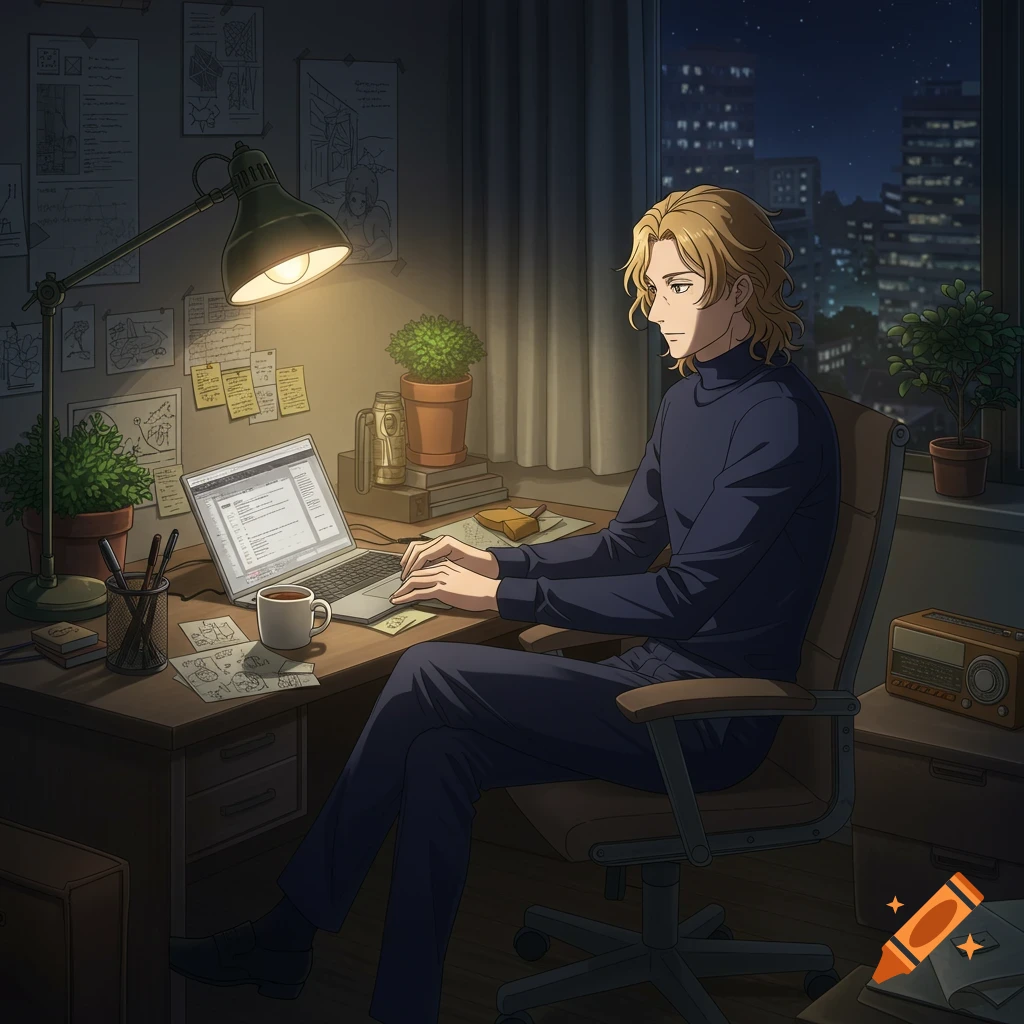 Anime man with blonde hair working on a laptop at a messy desk at night.