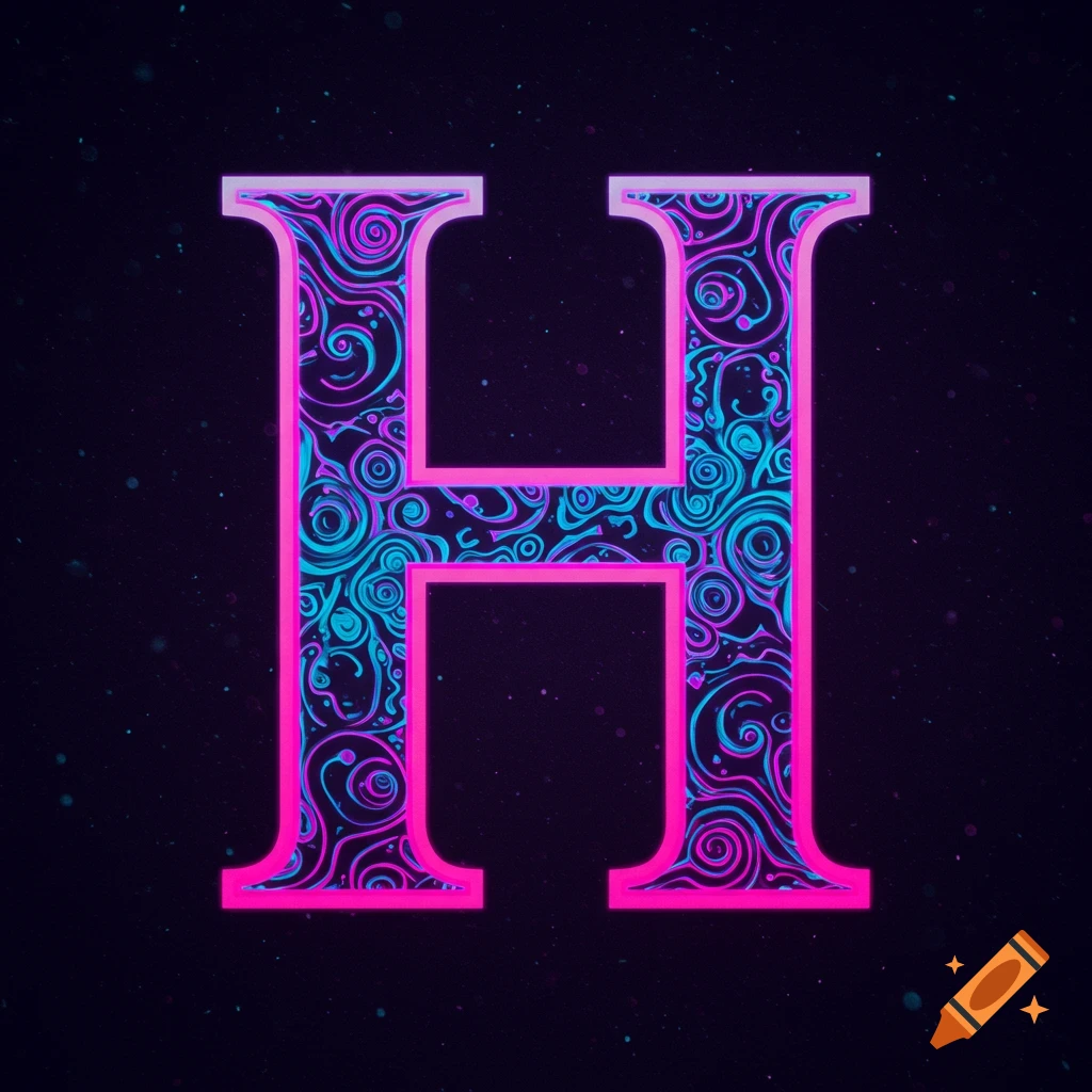 Stylized letter H with swirling pink and blue patterns and neon pink edges against a dark starry background.