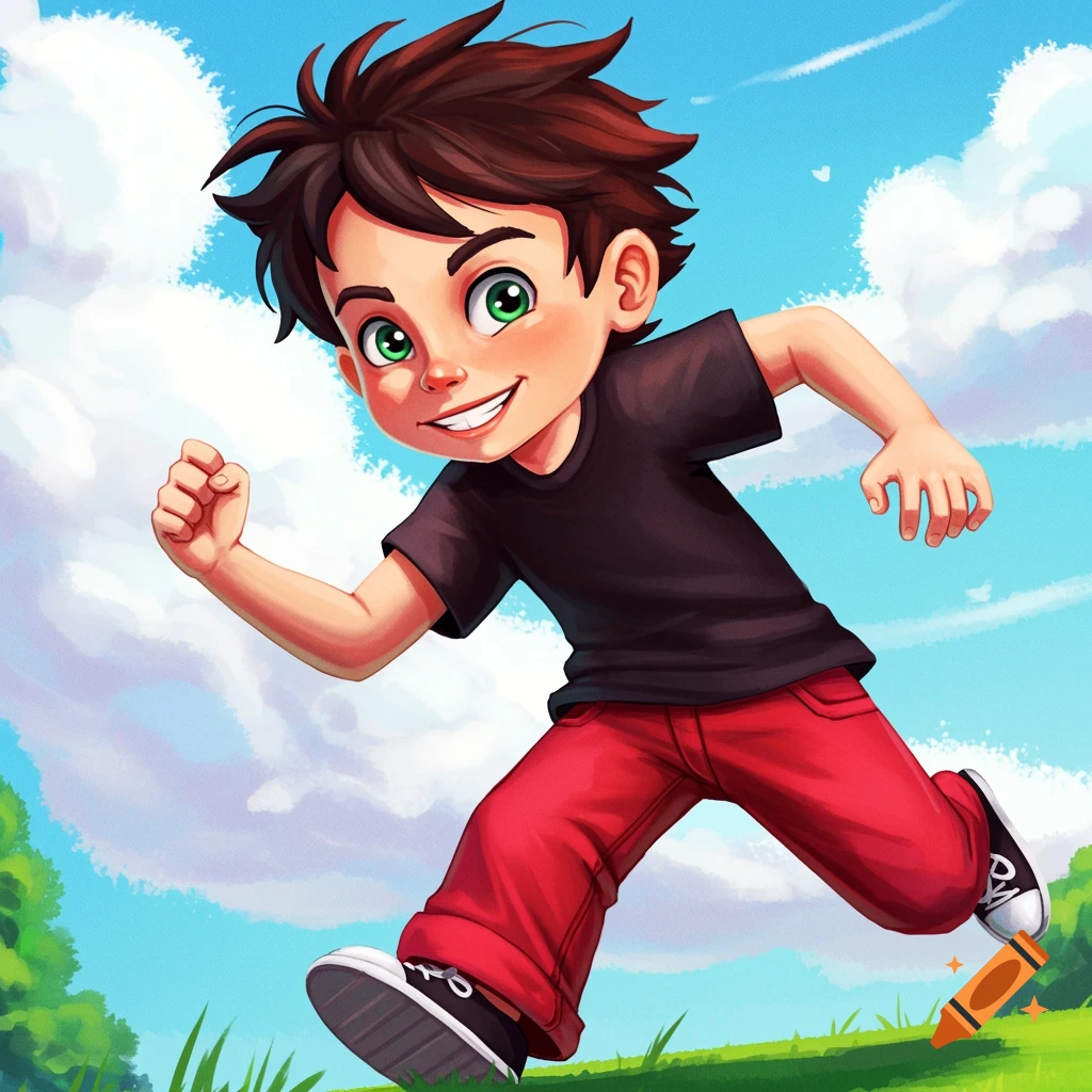 Cartoon illustration of a young boy with brown hair running in a park under a blue sky.