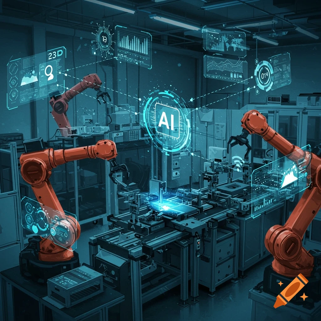 Robotic arms work in a factory setting with holographic displays showing data and the text "AI".