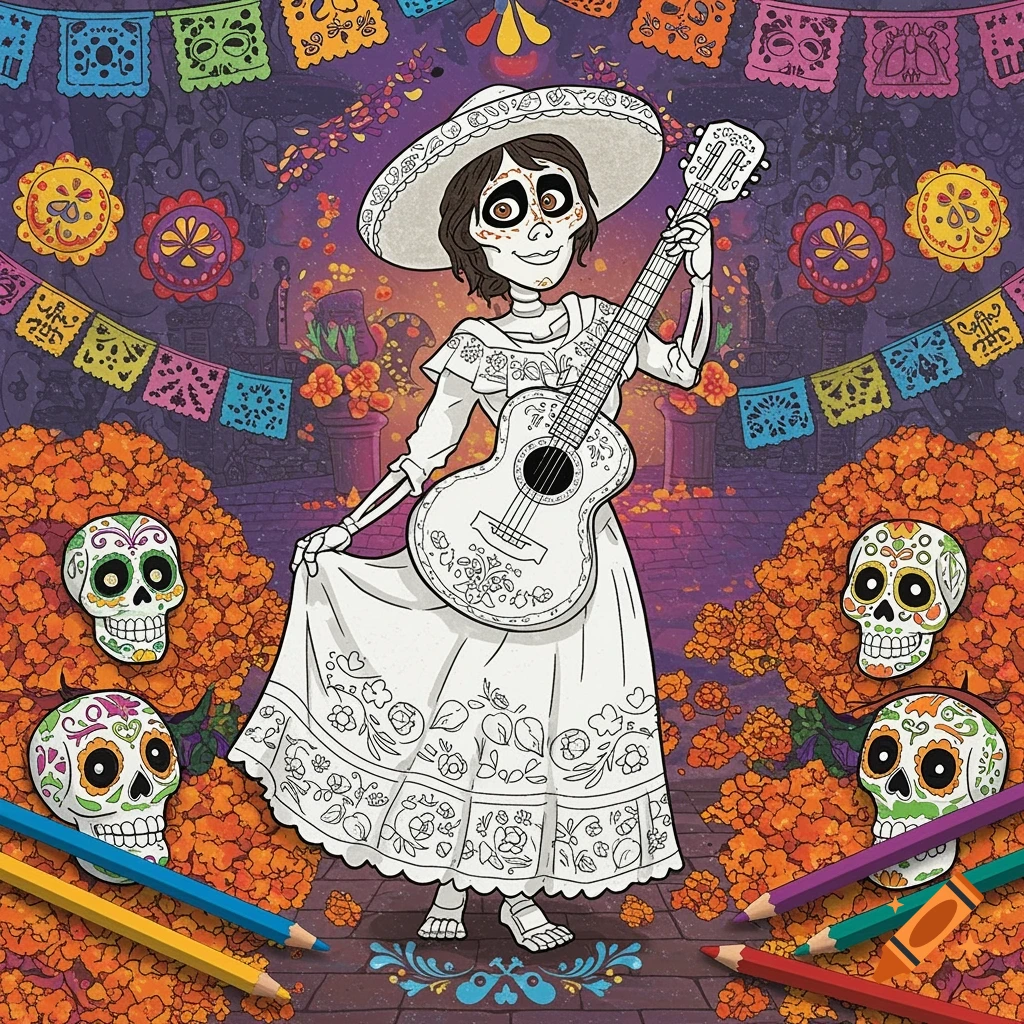 A coloring page of a skeleton character playing a guitar surrounded by sugar skulls and Day of the Dead decorations.