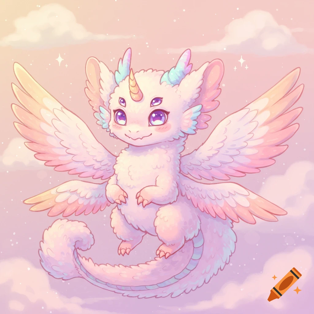 Cute white fluffy fantasy creature with six eyes and multiple wings floating in a pastel sky.