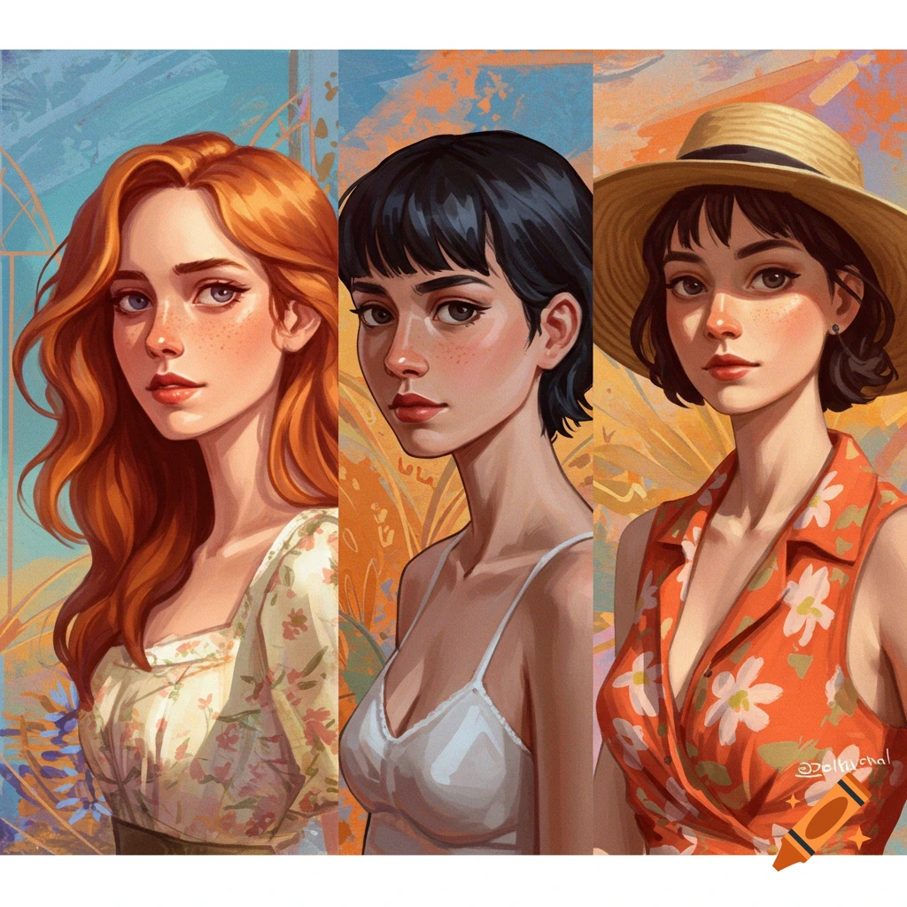 Three women with different hairstyles and clothing.
