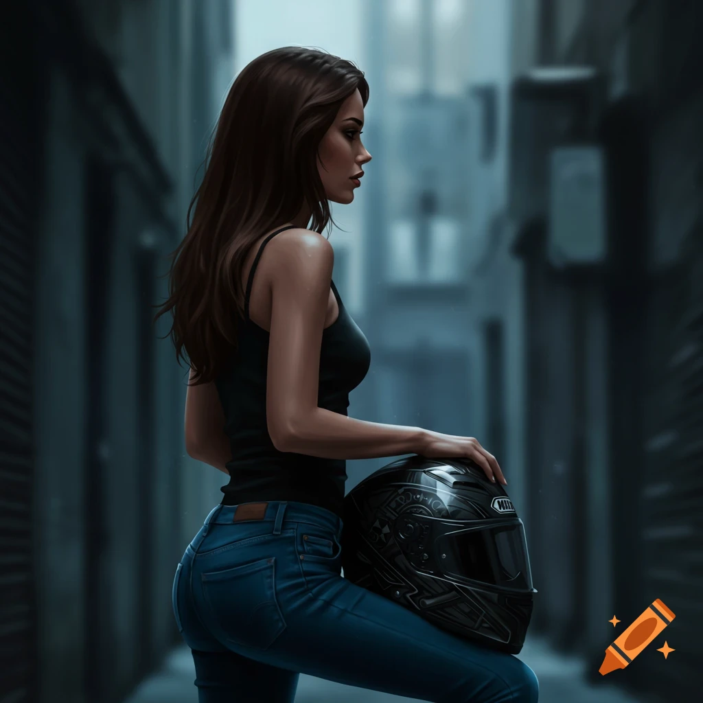 A woman holding a black motorcycle helmet in an urban alley, viewed from the side.