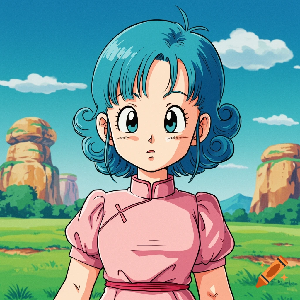 Anime portrait of young Bulma in a pink dress with a landscape background, Dragon Ball style.