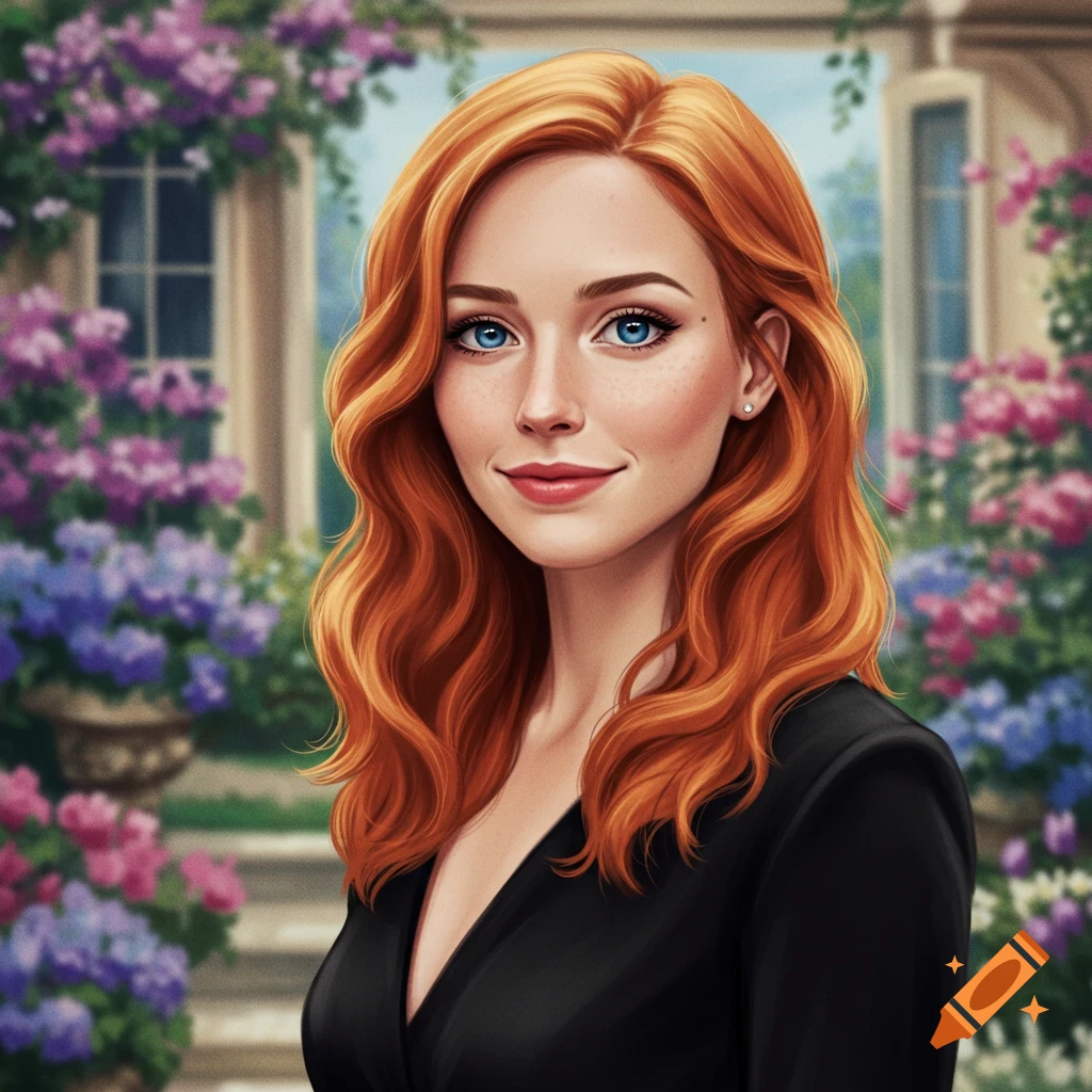 Painting of a woman with red hair and blue eyes smiling in front of a house with flowers.