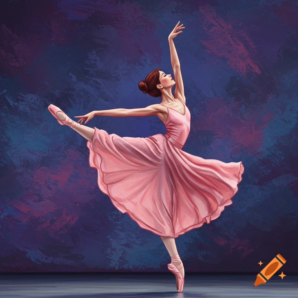 A ballerina in a pink dress dancing.