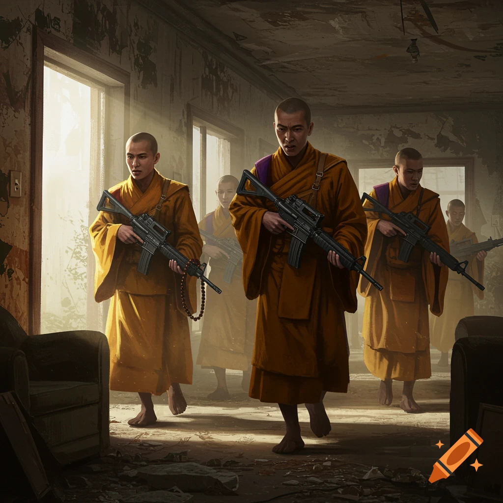 Buddhist monks in robes holding assault rifles walking through a sunlit, dilapidated building.