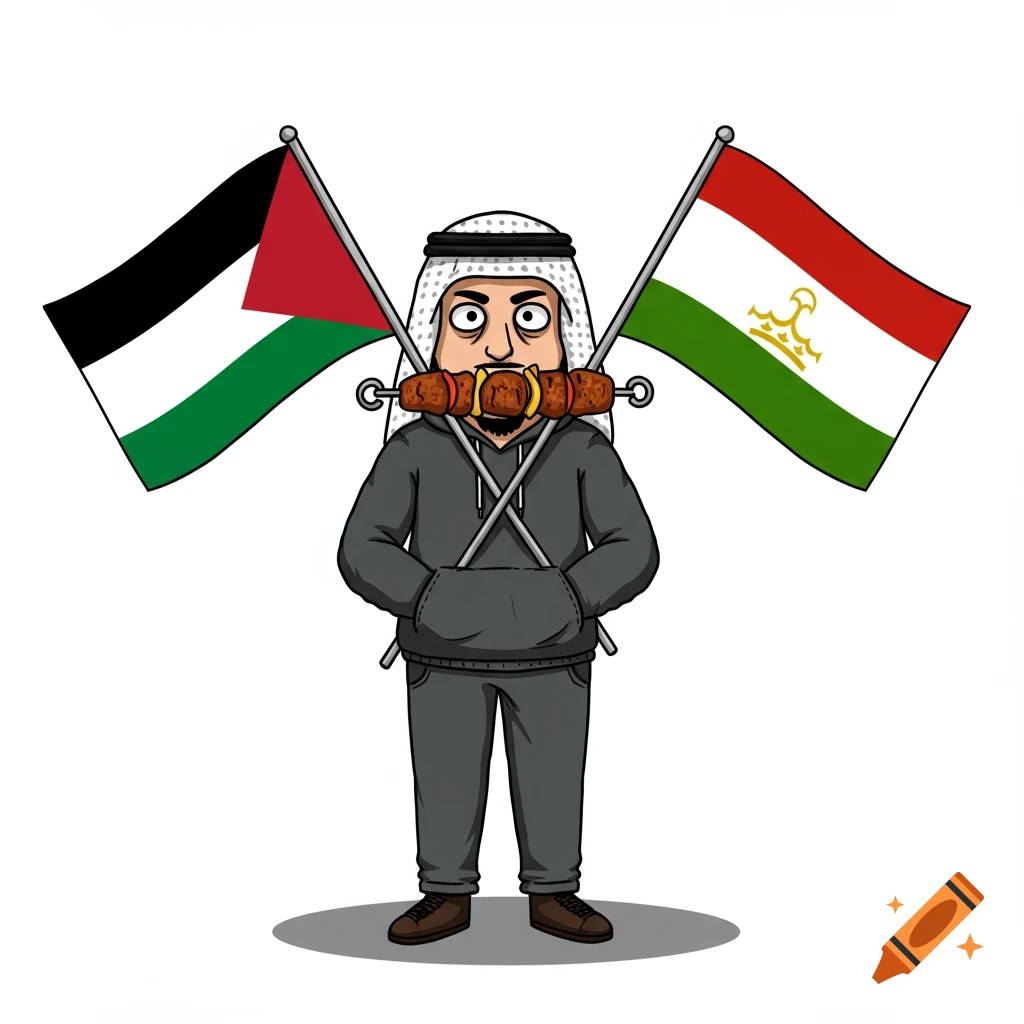 Cartoon man with Palestinian and Tajik flags and a kebab in his mouth.
