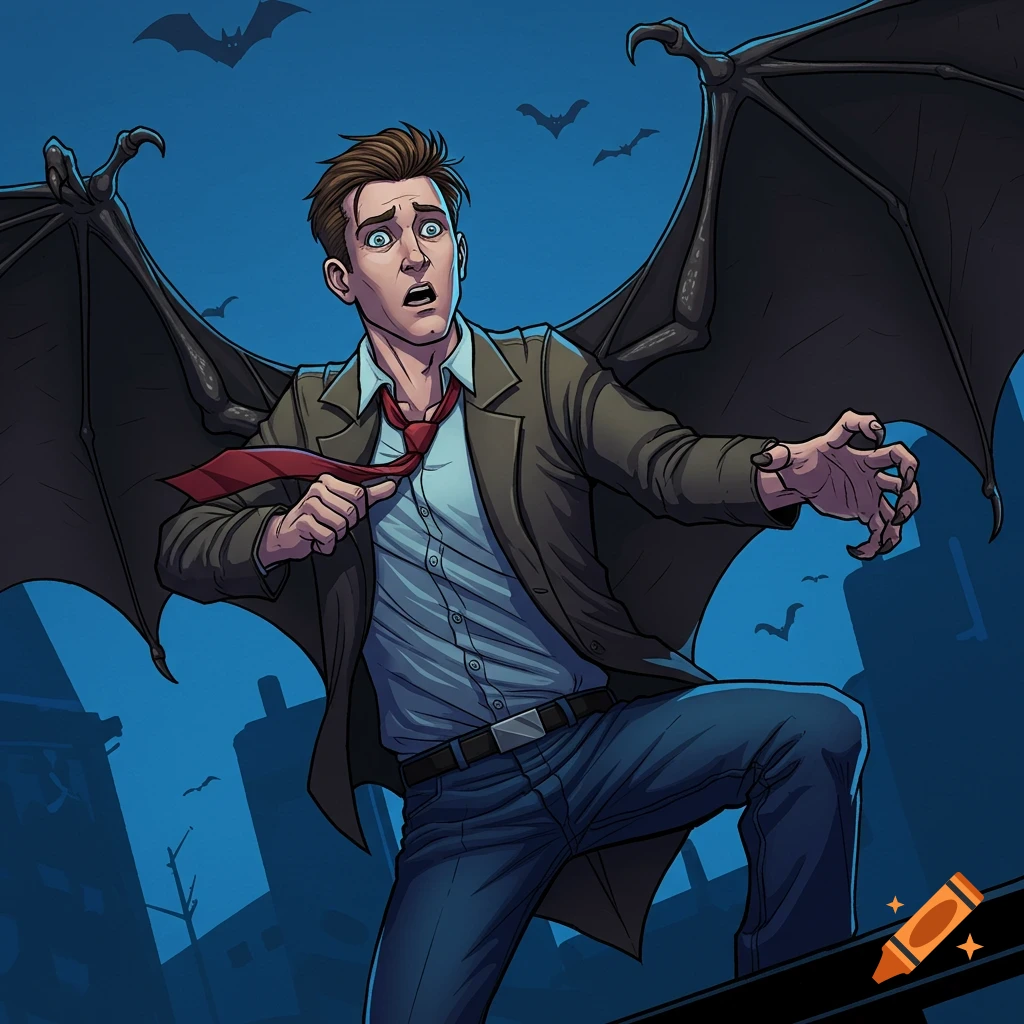 A man with bat wings and claws is shown transforming at night with bats flying in the sky.