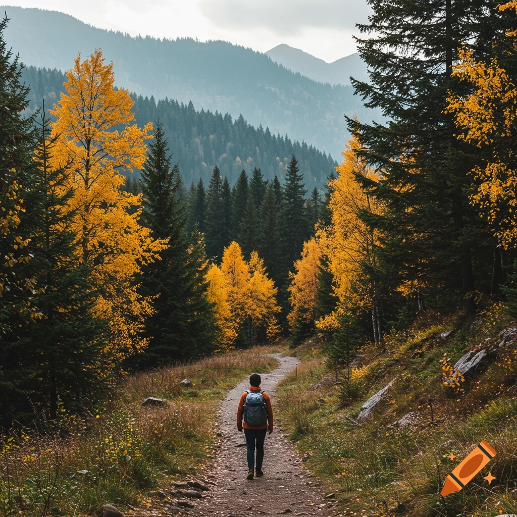 A person hikes on a trail through an autumn forest with yellow and green trees and mountains in the distance.