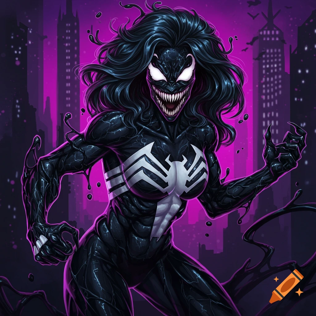 A depiction of the Marvel character She-Venom posing in a city at night.