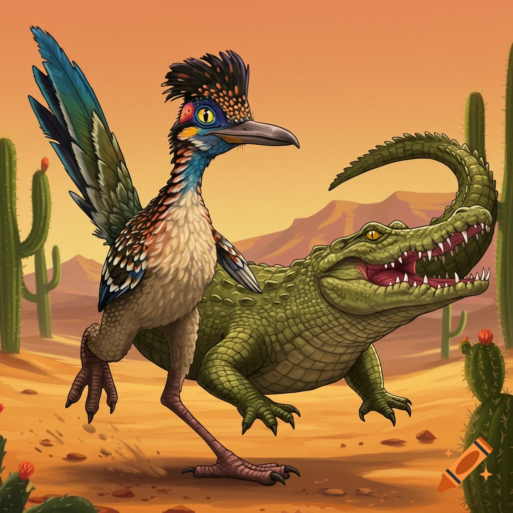 A roadrunner is riding on a crocodile's back in a desert landscape.