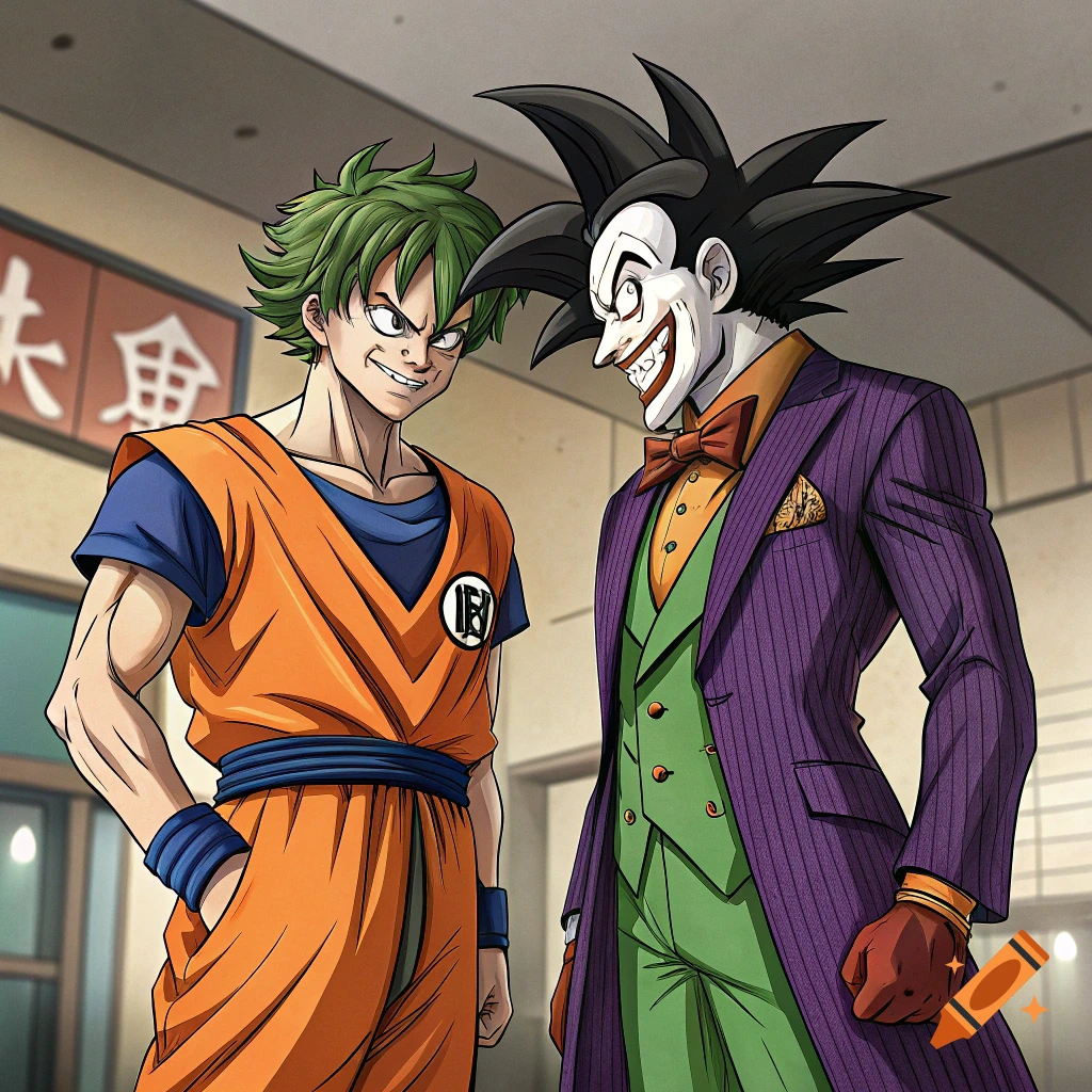 Anime style illustration of a green-haired character resembling Goku facing a character resembling the Joker in a suit.