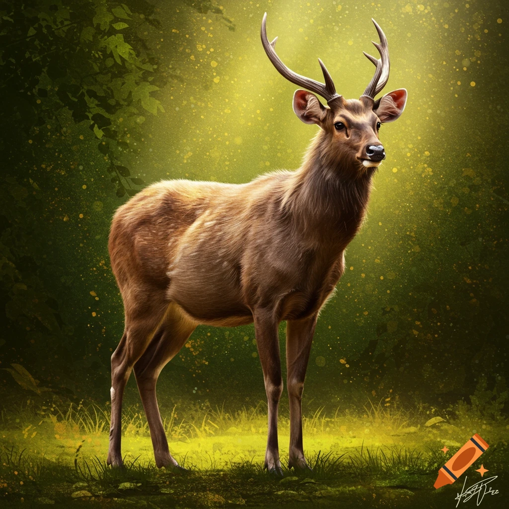 A sambar deer standing in a forest clearing.