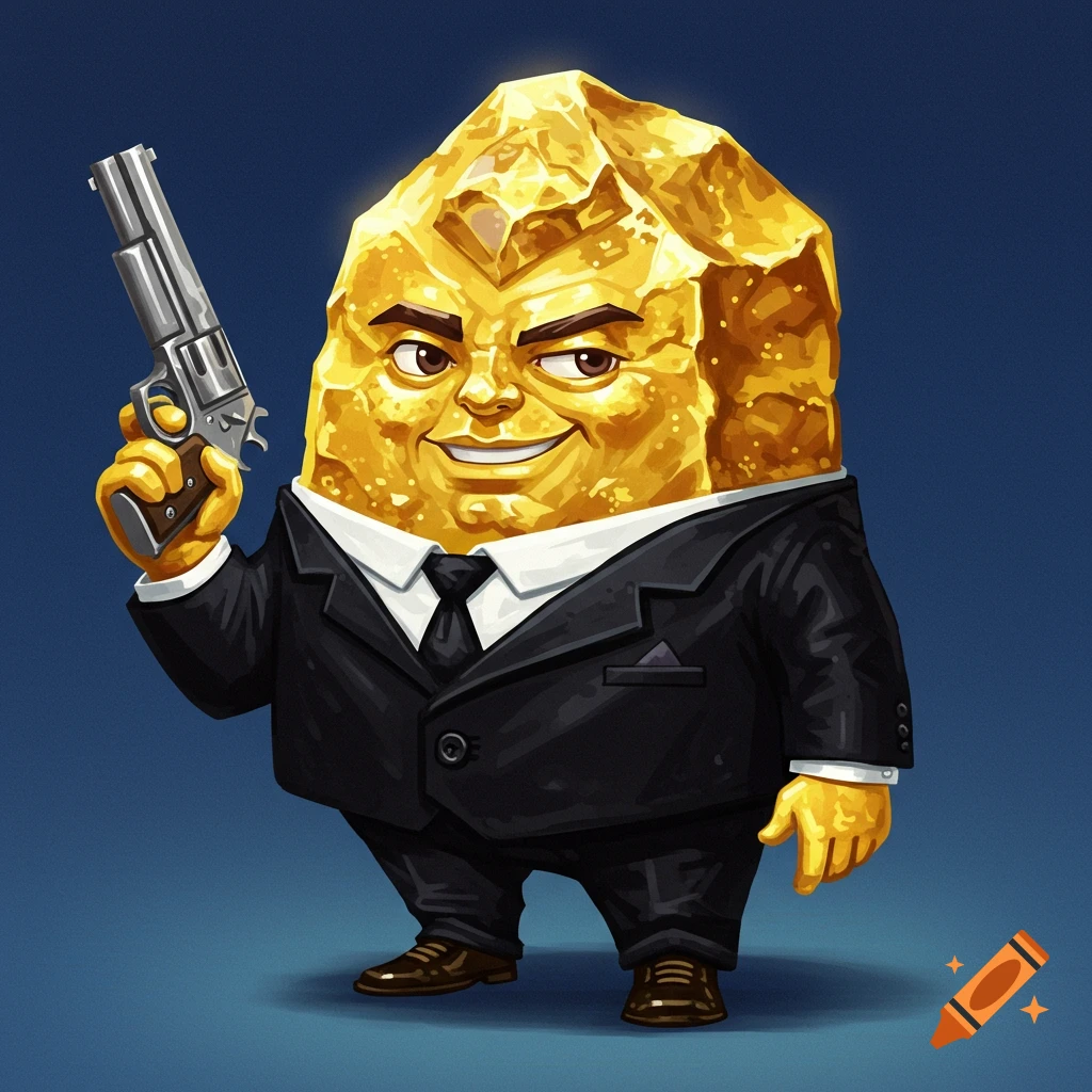 A cartoon gold nugget wearing a suit and holding a gun.