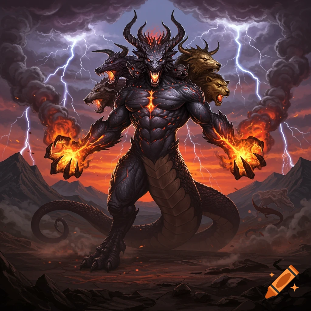 A multi-headed monster with fiery hands standing in a rocky landscape under a lightning storm.